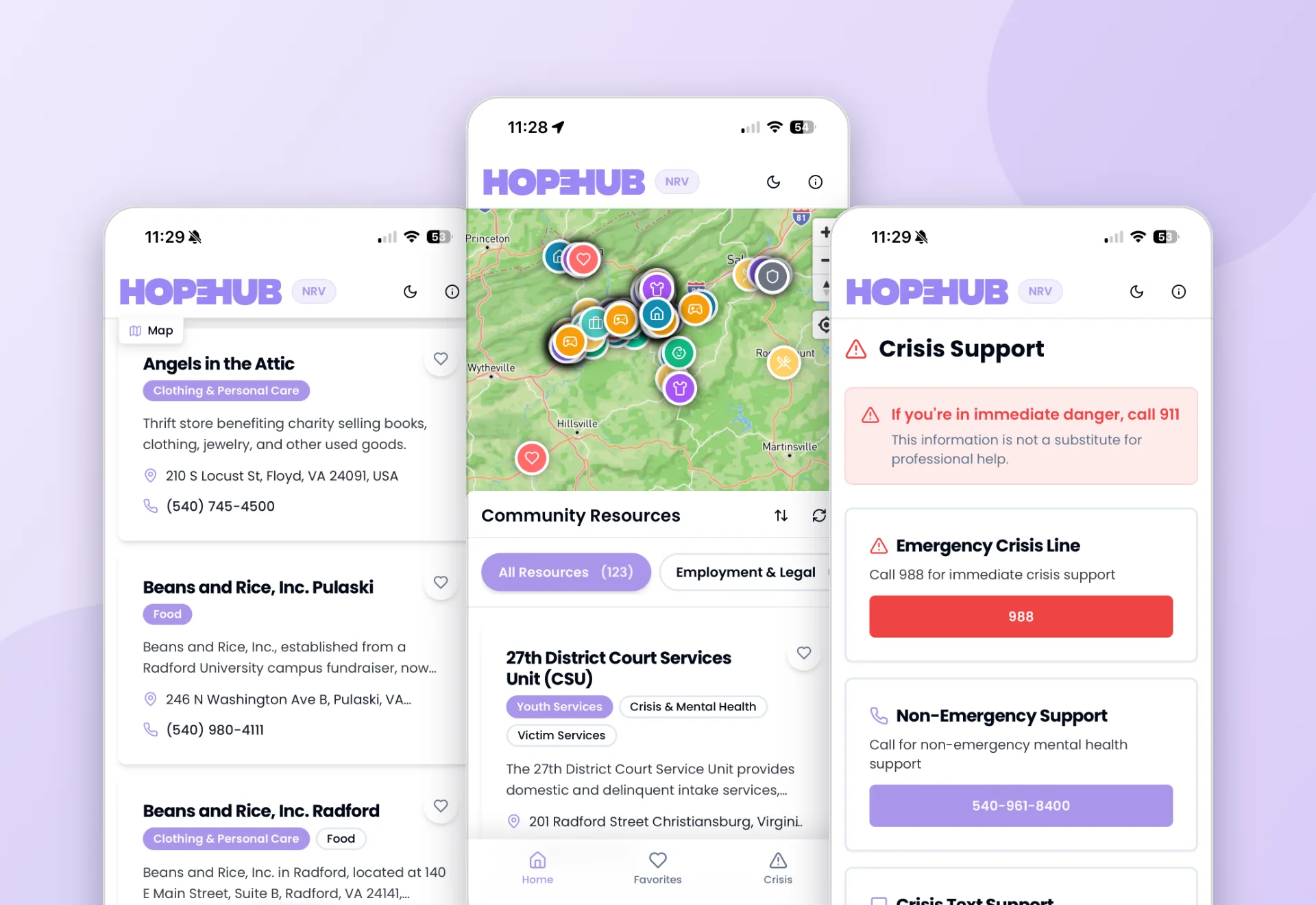 HopeHub app screens showing the resource map, directory, and crisis support tab
